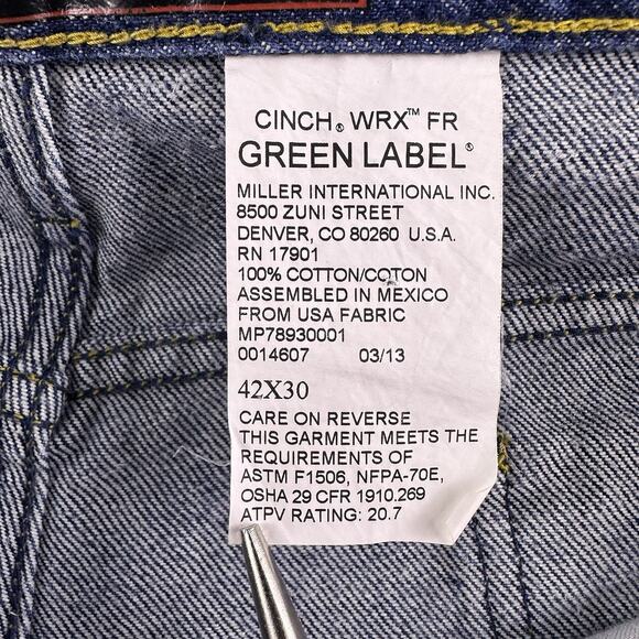 Cinch FR WRX Jeans Mens 42x30 Green Label Flame Resistant HRC-2 ATPV 20.7 - Picture 14 of 16